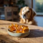Close-up of amber bone-shaped Calcium & Collagen Bone Broth Gummies for Dogs on a small dish, with a Golden Retriever waiting in the background.