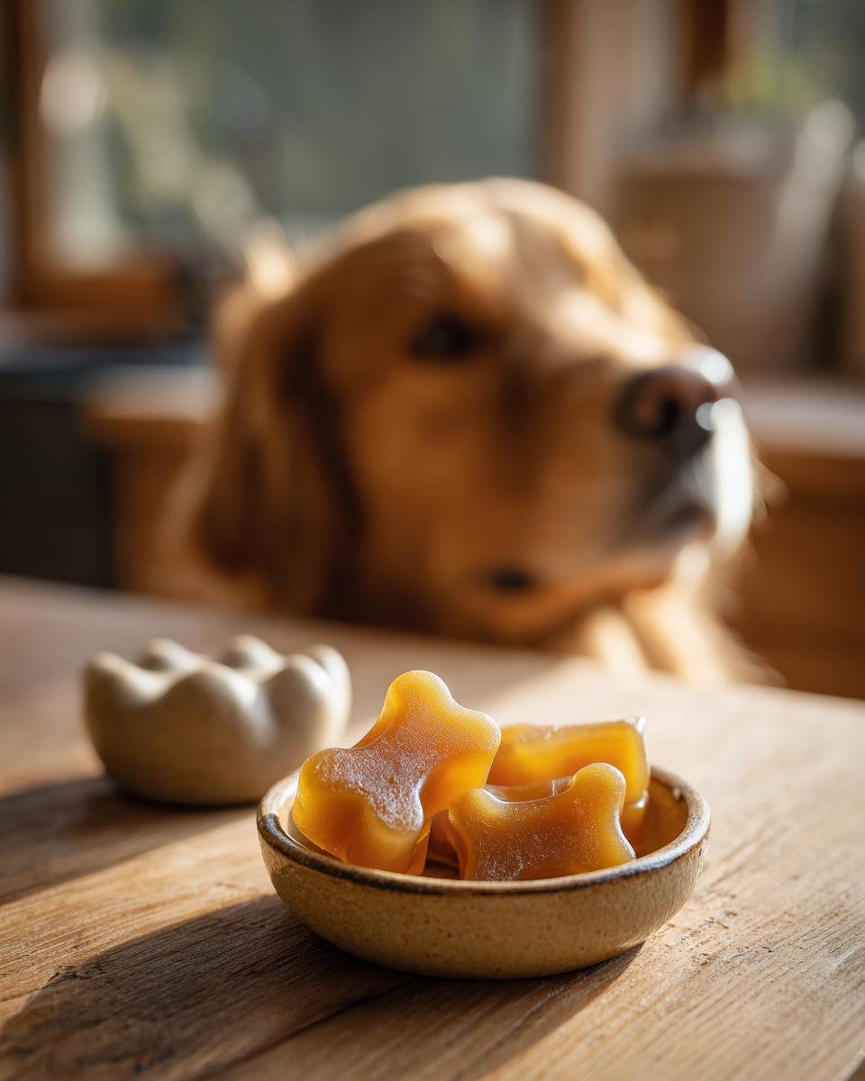 Bone-shaped Calcium & Collagen Bone Broth Gummies for Dogs in a small bowl with a Golden Retriever watching.