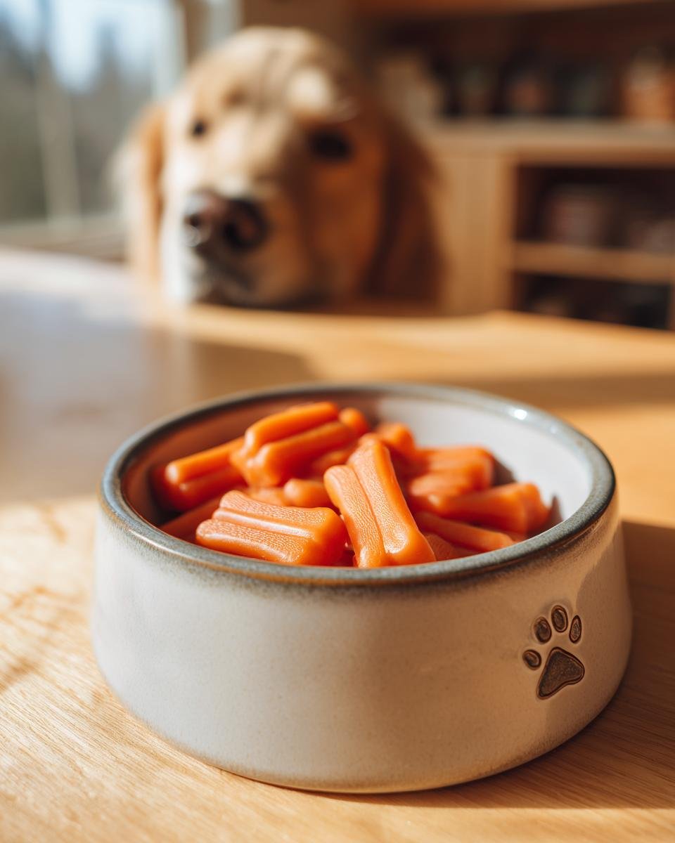 A bowl filled with orange Carrot & Chicken Bone Gummy Treats for Dogs, with a golden retriever looking on in the background.