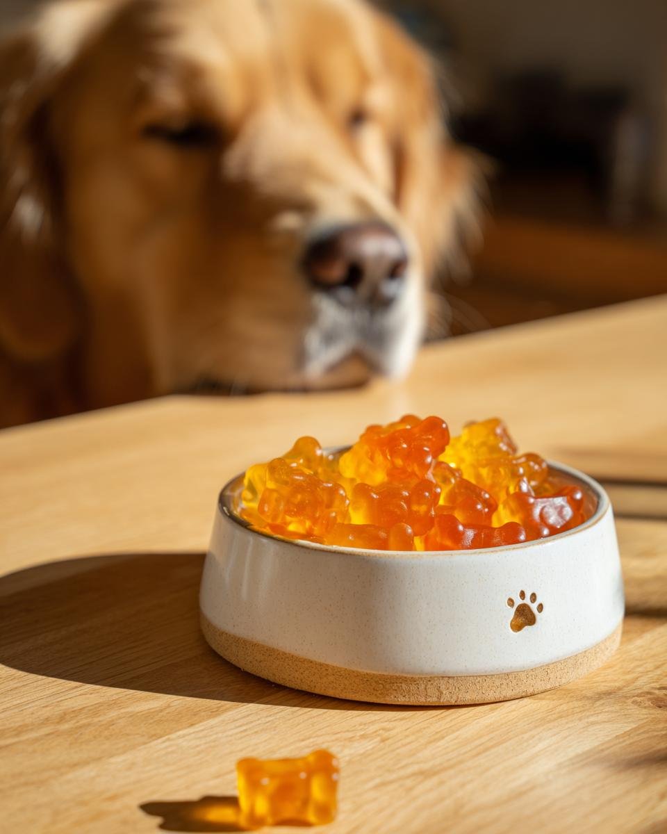 A bowl full of orange Carrot & Chicken Bone Gummy Treats for dogs with a Golden Retriever looking eagerly in the background.