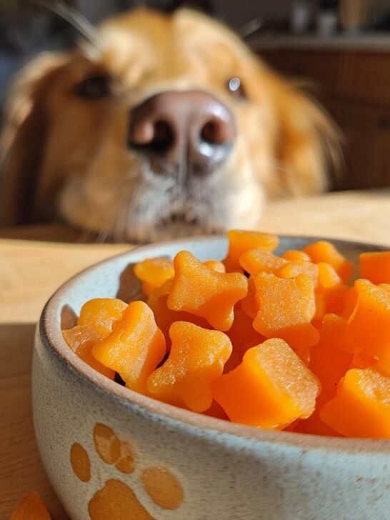 A bowl of orange Carrot & Chicken Bone Gummy Treats for dogs with a curious Golden Retriever looking over the counter.