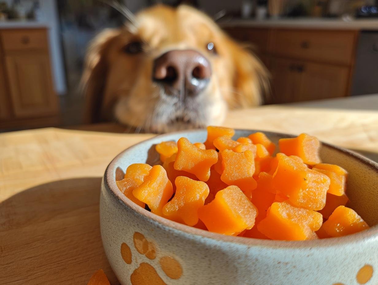 A bowl of orange Carrot & Chicken Bone Gummy Treats for dogs with a curious Golden Retriever looking over the counter.
