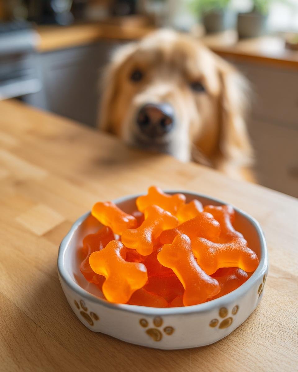 A bowl of orange Carrot & Chicken Bone Gummy Treats with a golden retriever looking eagerly in the background.