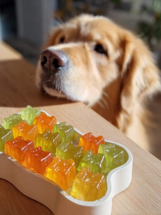 A golden retriever eagerly looks at a bone-shaped tray filled with orange and green Carrot & Spinach Bone Broth Gummies for dogs.