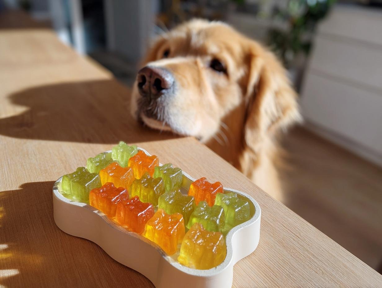 A golden retriever eagerly looks at a bone-shaped tray filled with orange and green Carrot & Spinach Bone Broth Gummies for dogs.