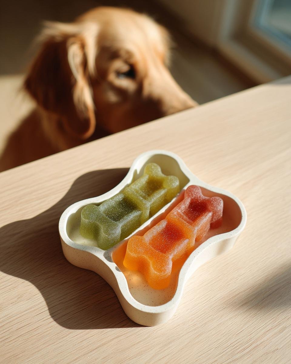 Two bone-shaped Carrot & Spinach Bone Broth Gummies for Dogs in a tray, watched by a curious Golden Retriever.