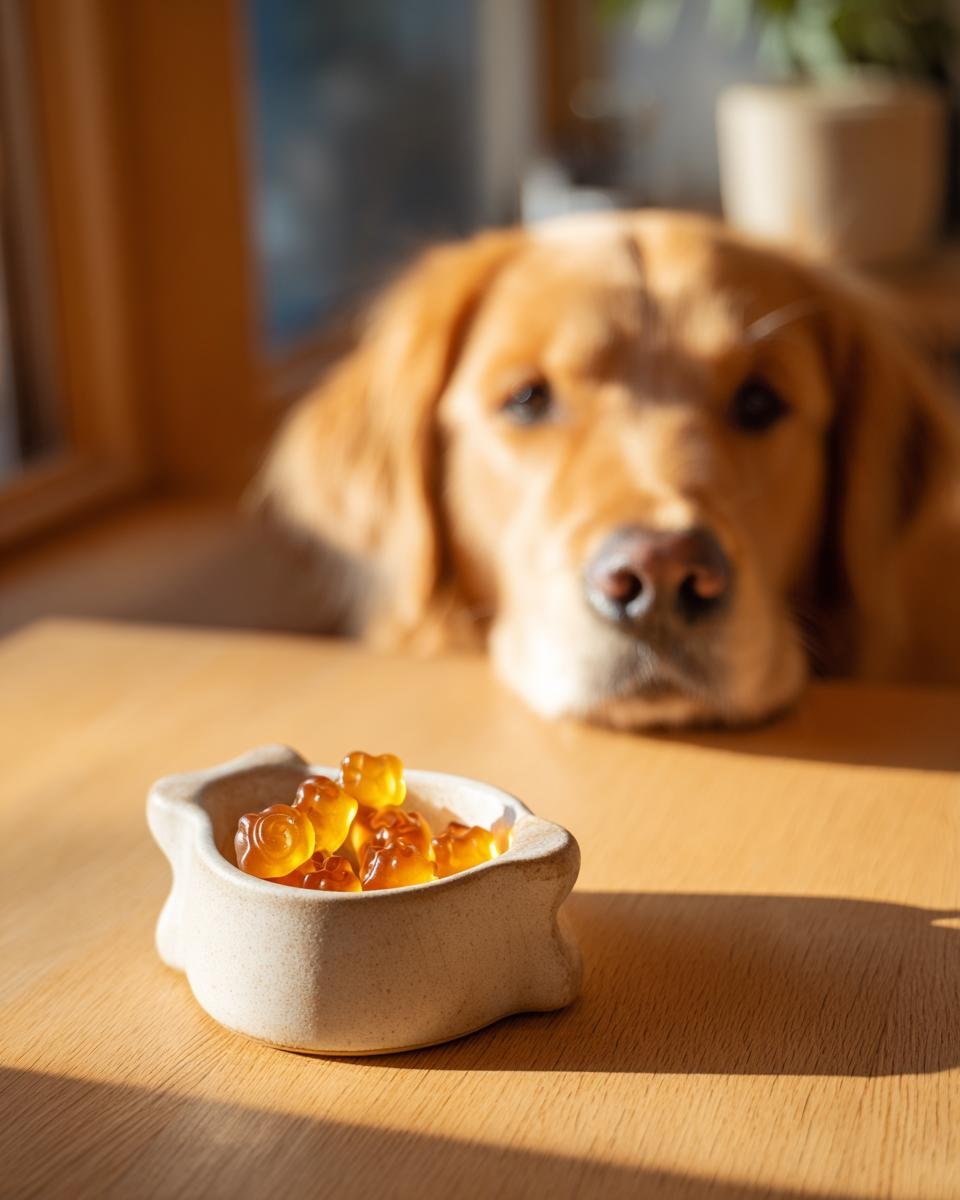 A bowl of amber Chamomile Bone Broth Relaxing Gummies for dogs with a golden retriever looking intently in the background.