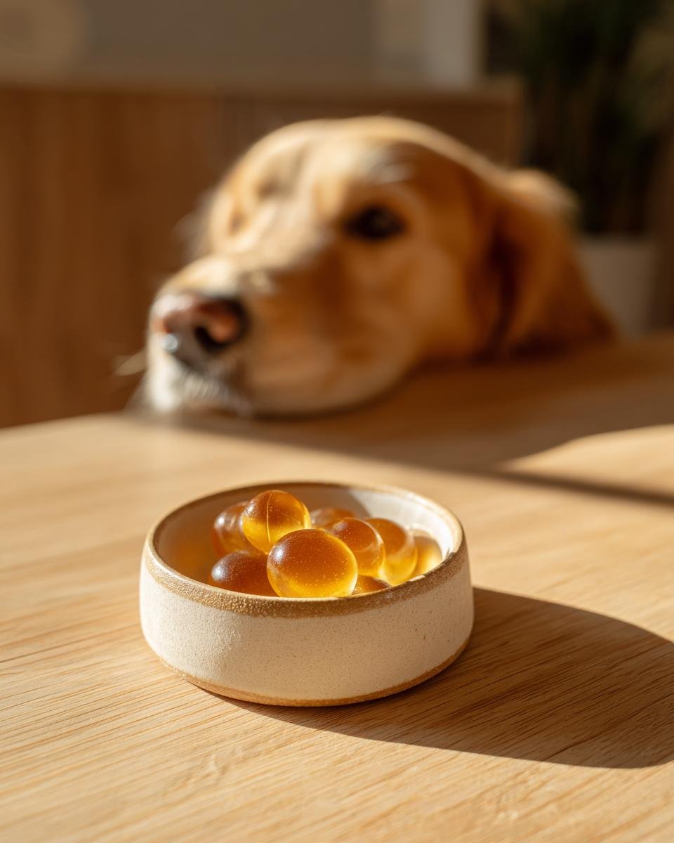 Amber-colored Chamomile Bone Broth Relaxing Gummies in a bowl with a golden retriever looking on.