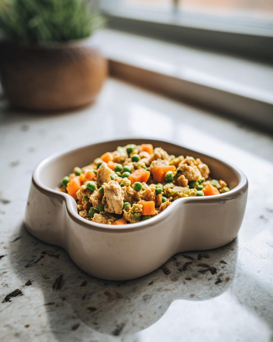 A close-up of a Chicken and Green Pea Bowl, featuring diced chicken, peas, and carrots in a light-colored bowl.