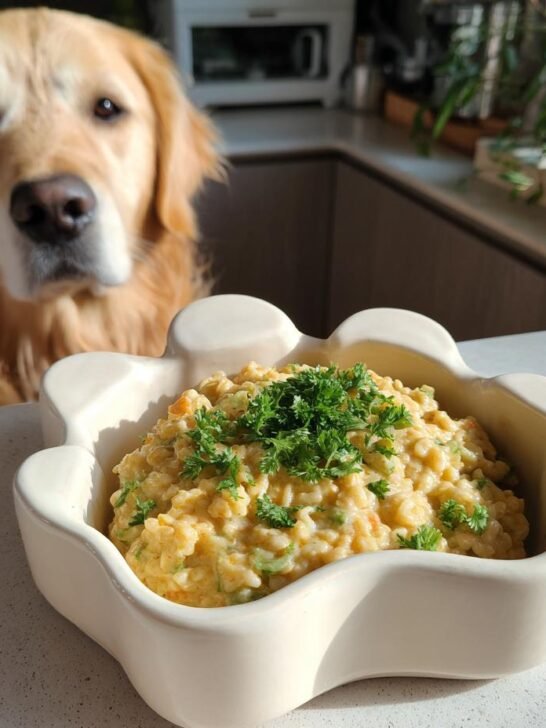 A bowl of Chicken and Oat Hearty Porridge garnished with parsley, with a Golden Retriever dog looking at it.