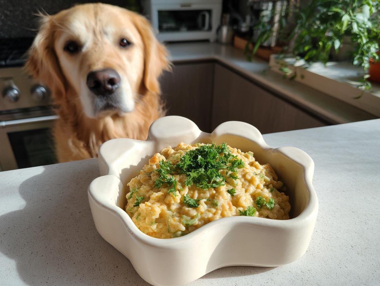 A bowl of Chicken and Oat Hearty Porridge garnished with parsley, with a Golden Retriever dog looking at it.