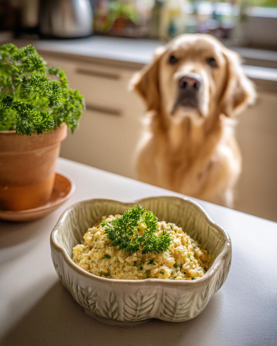 A bowl of Chicken and Oat Hearty Porridge topped with fresh parsley, with a Golden Retriever in the background.