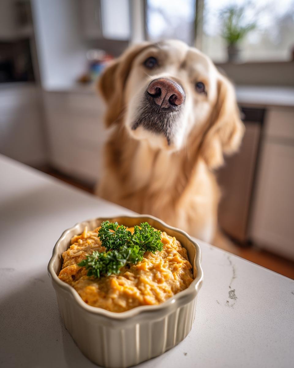 A bowl of Chicken and Oat Hearty Porridge for Morning Warmth, with a golden retriever looking on expectantly.