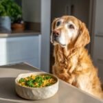 A golden retriever looks hopefully at a bowl of chicken and oat porridge topped with parsley.