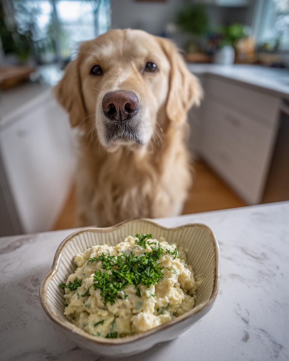 A bowl of Chicken and Oat Hearty Porridge garnished with parsley, with a Golden Retriever dog looking on.