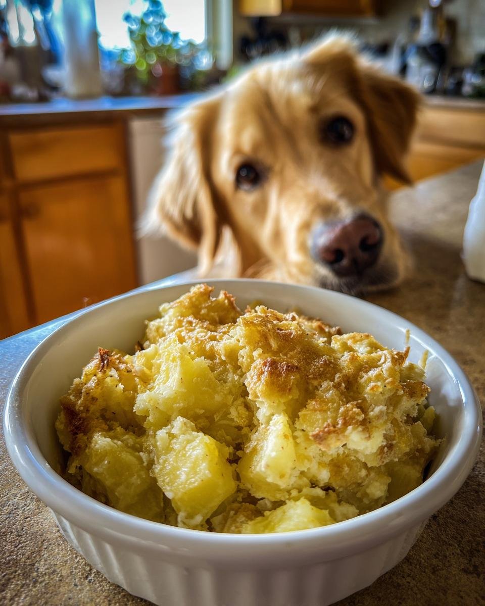 A golden retriever dog looks longingly at a bowl of chicken and potato home style meal.
