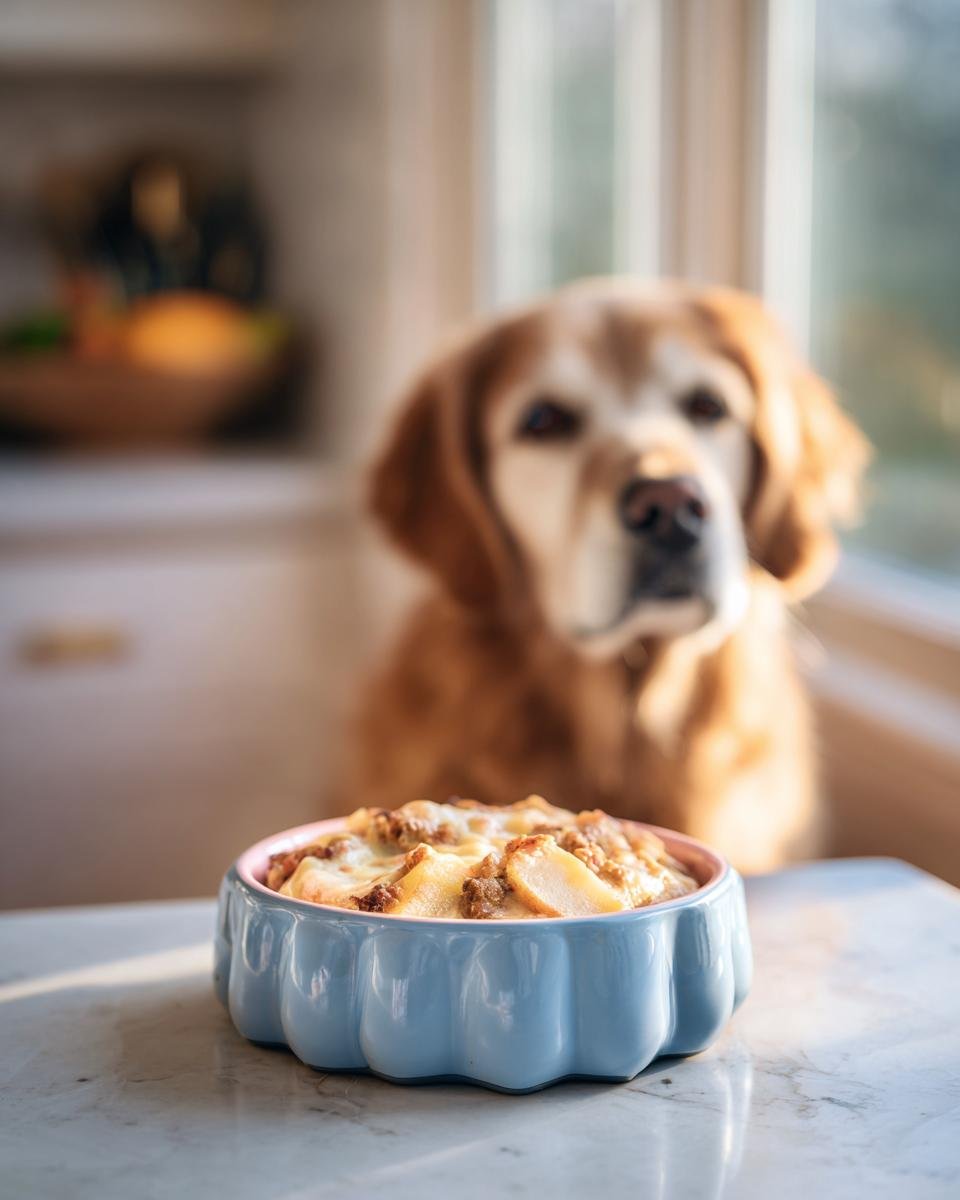 A Chicken and Apple Energy Bowl sits in front of a golden retriever dog, hinting at a healthy meal for pets.