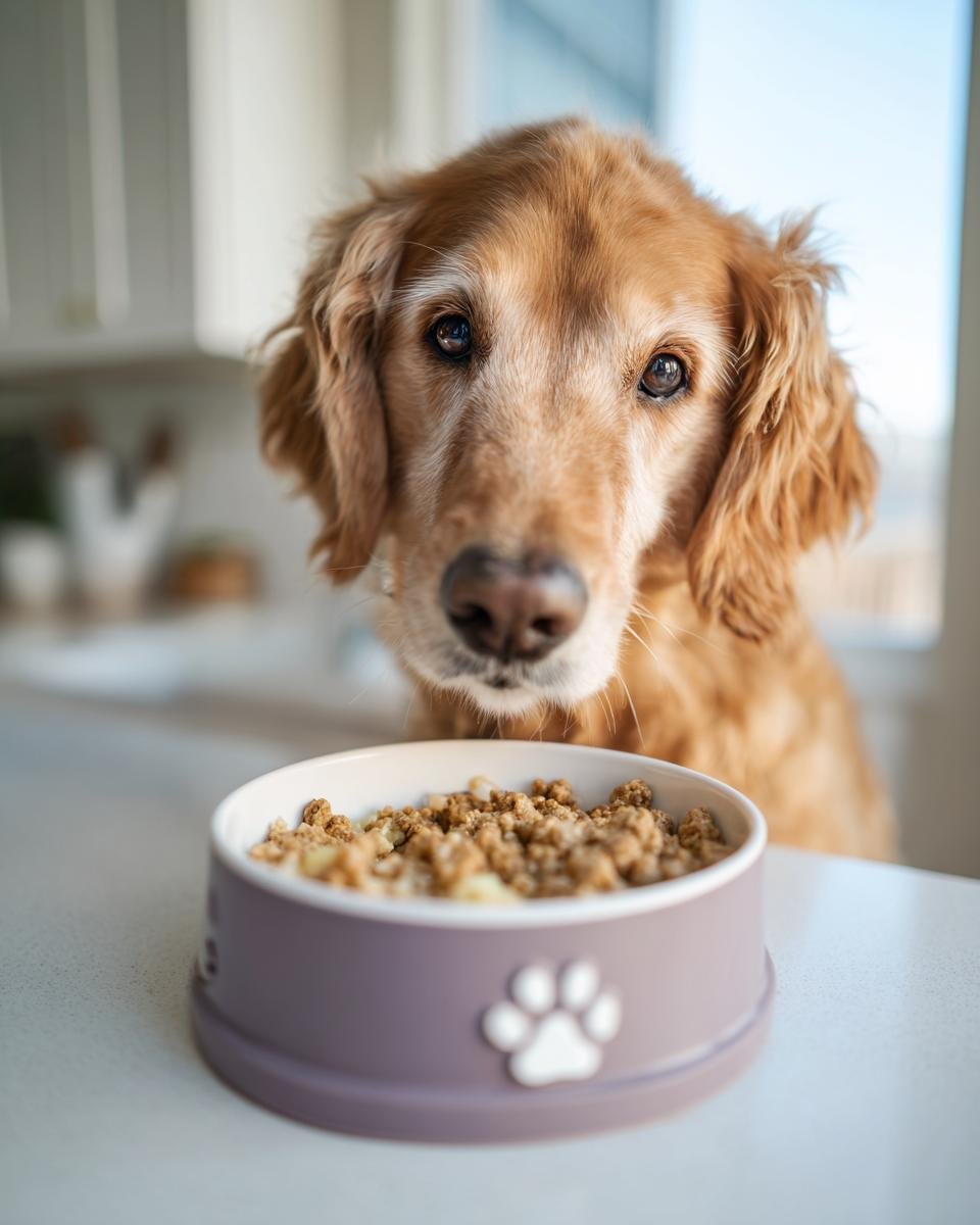 A golden retriever looks intently at a bowl of food, ready to enjoy a Chicken and Apple Energy Bowl for Natural Vitality.