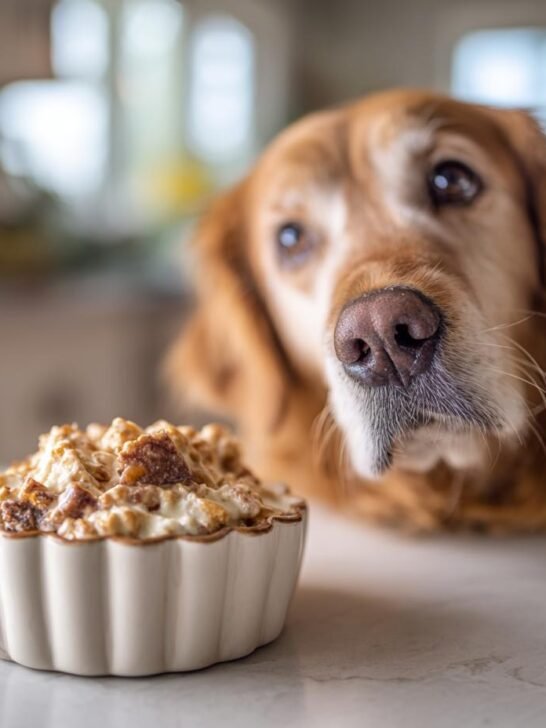 A golden retriever dog looks curiously at a small bowl of food, possibly a Chicken and Apple Energy Bowl.