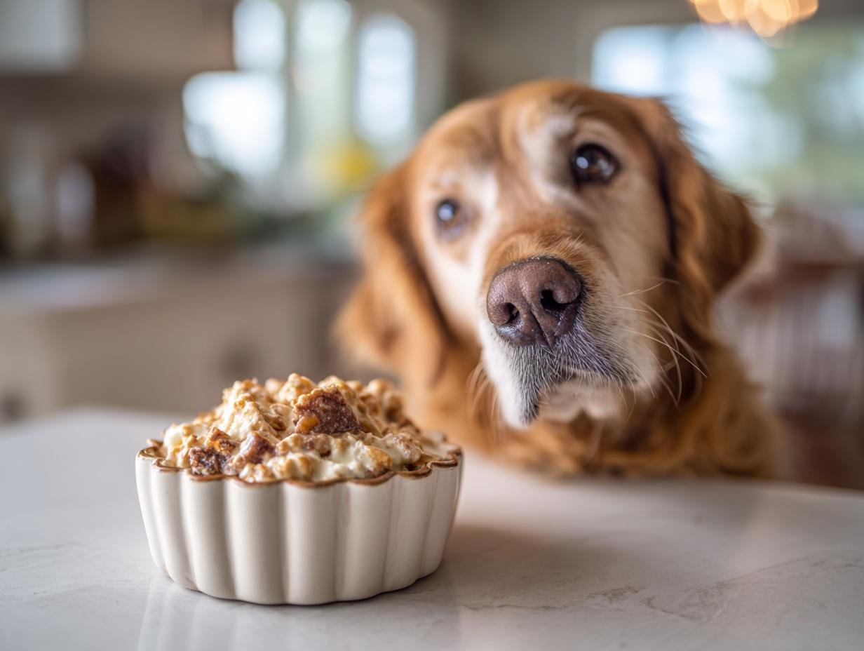 A golden retriever dog looks curiously at a small bowl of food, possibly a Chicken and Apple Energy Bowl.