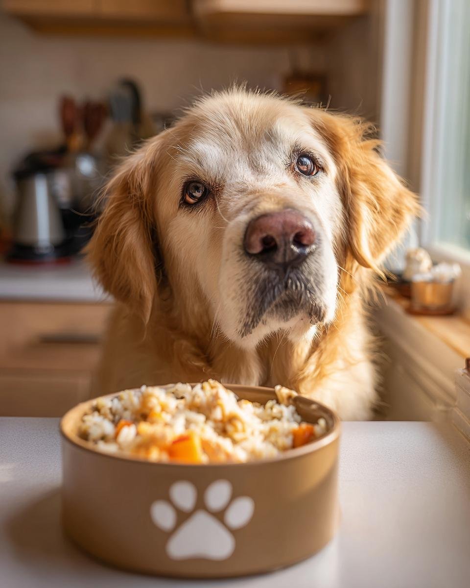 A golden retriever dog looks hopefully at a bowl of chicken and apple energy bowl.
