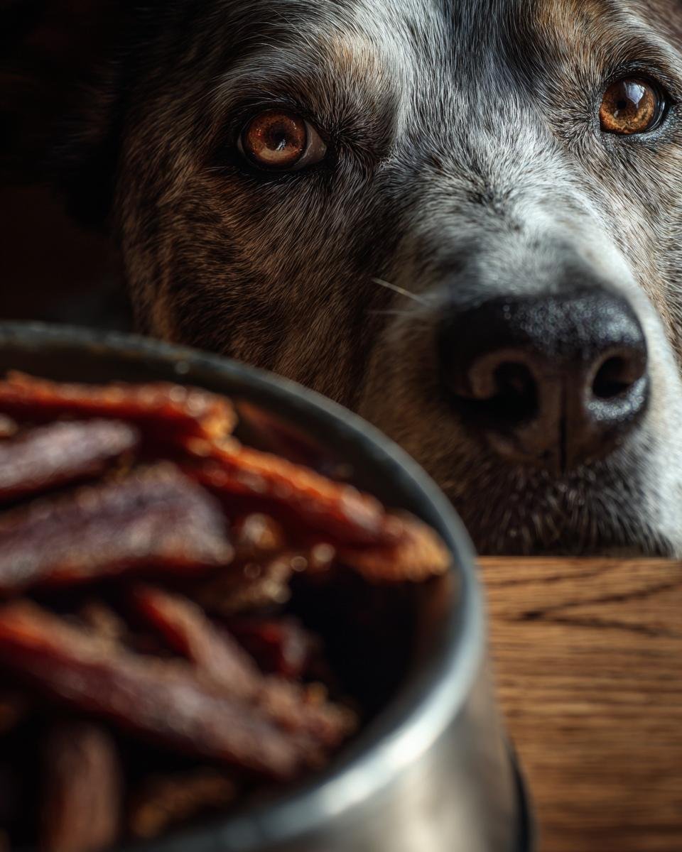 A dog eagerly looks at a bowl of Chicken Apple Fresh Breath Jerky treats.