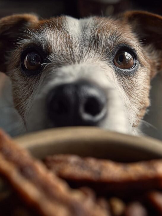 A cute dog with big eyes looks longingly at a bowl of Chicken Apple Fresh Breath Jerky treats.