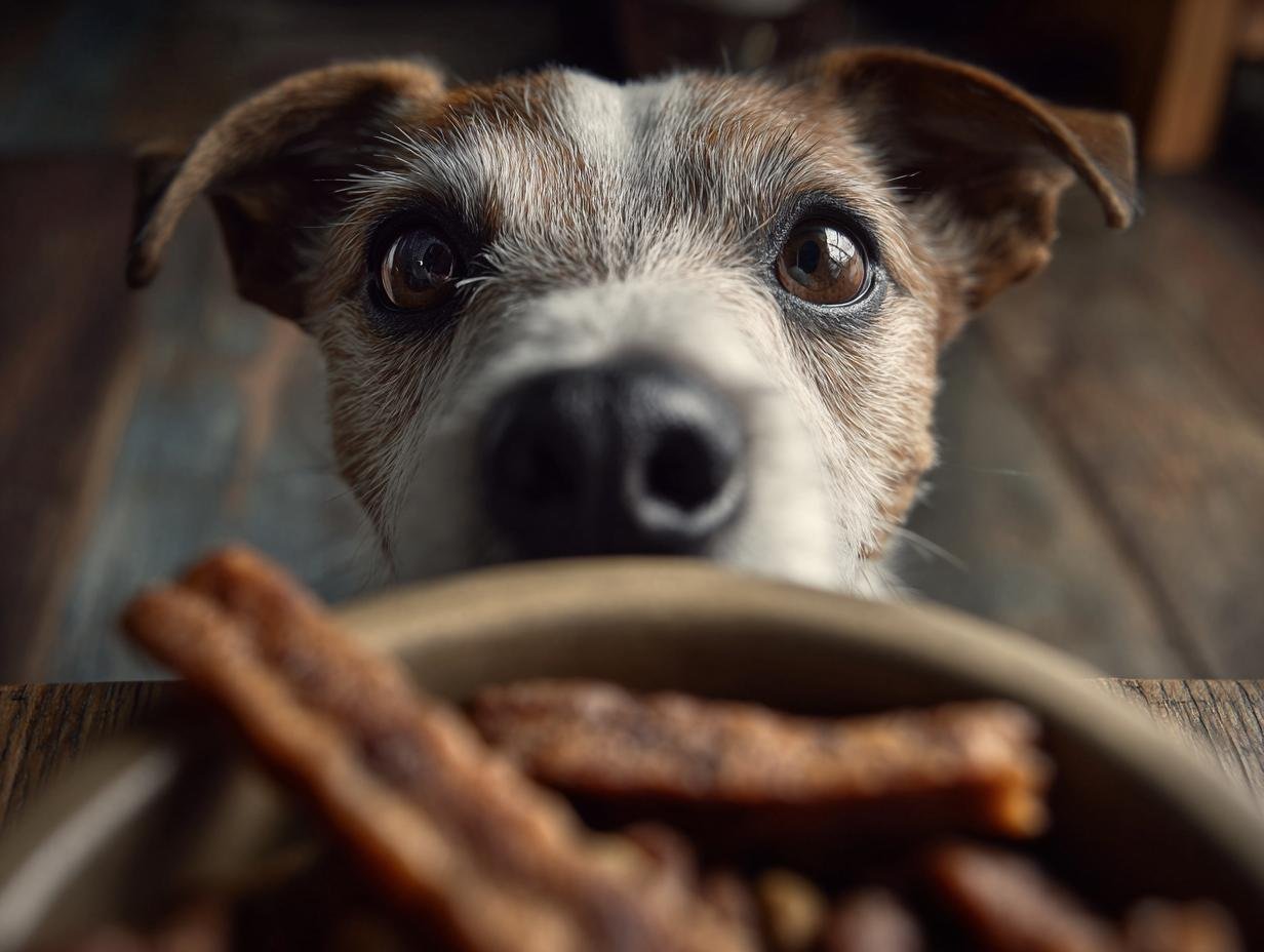 A cute dog with big eyes looks longingly at a bowl of Chicken Apple Fresh Breath Jerky treats.