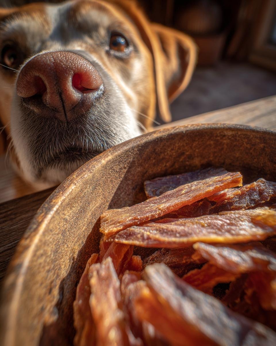 A dog's nose is close to a bowl of Chicken Apple Fresh Breath Jerky treats.