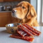 A golden retriever dog looks longingly at a pile of Chicken Banana Gentle Jerky next to a dog bowl.
