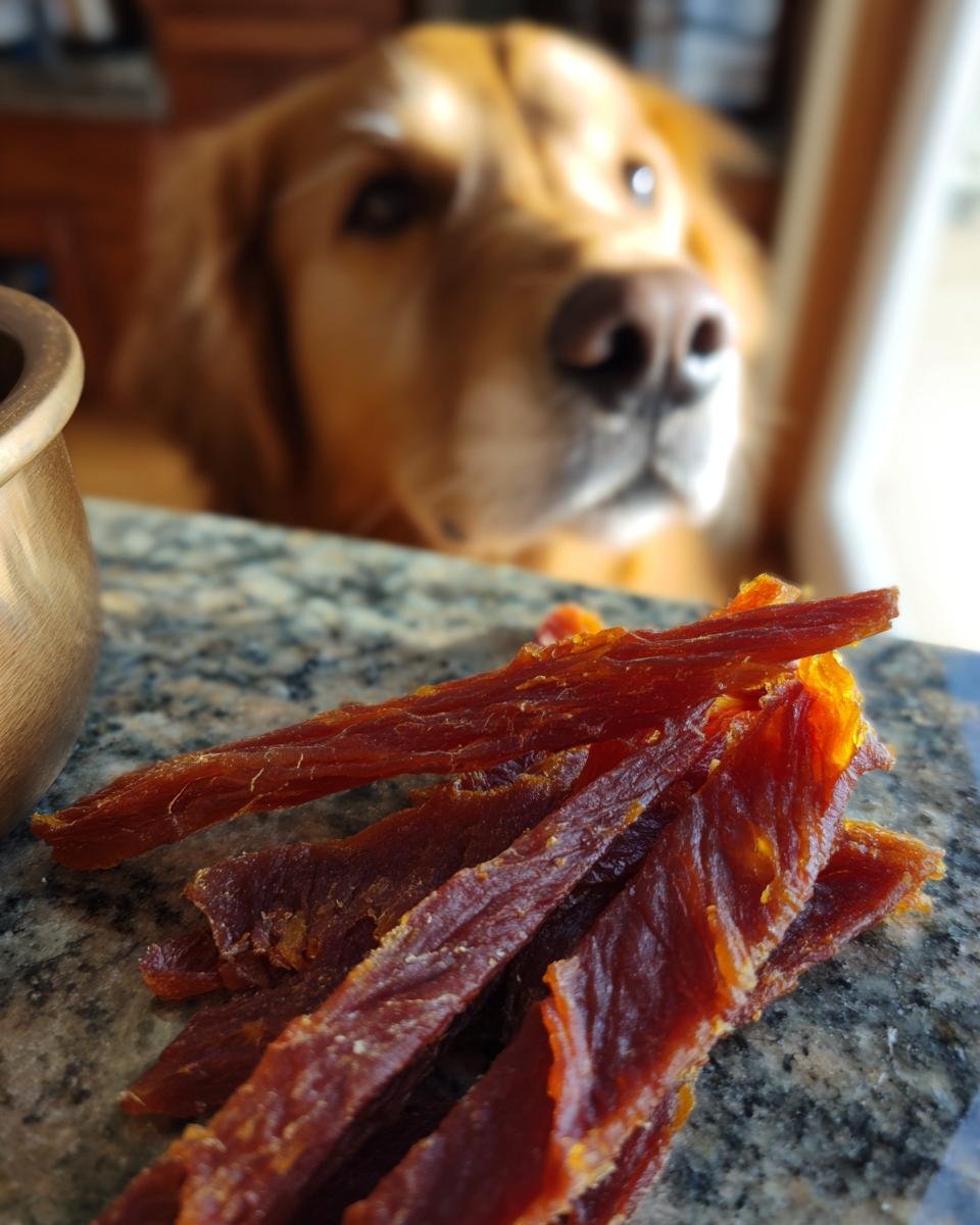 A pile of homemade Chicken Banana Gentle Jerky with a Golden Retriever dog looking on.
