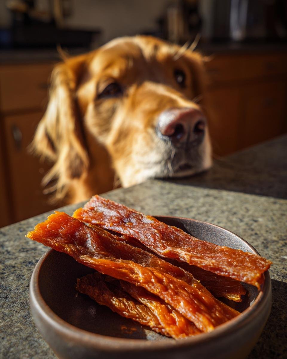 A golden retriever dog looking longingly at a bowl of Chicken Banana Gentle Jerky.