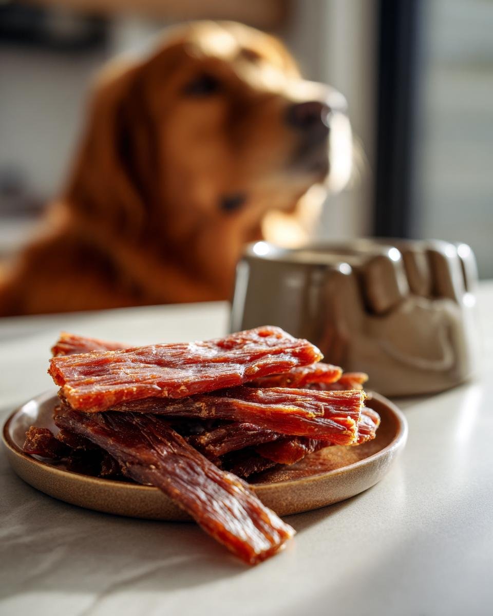 A pile of Chicken Banana Gentle Jerky dog treats on a small plate, with a golden retriever in the blurred background.