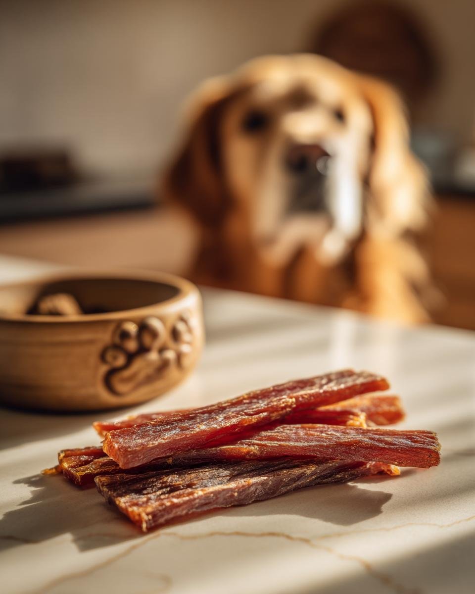 A pile of Chicken Banana Gentle Jerky dog treats on a marble surface, with a dog and a wooden bowl in the background.