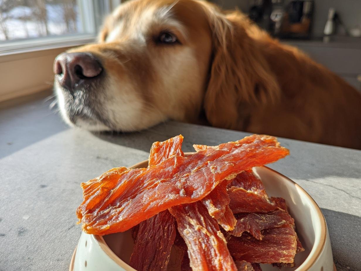 A golden retriever dog looking longingly at a bowl of homemade Chicken Banana Gentle Jerky.