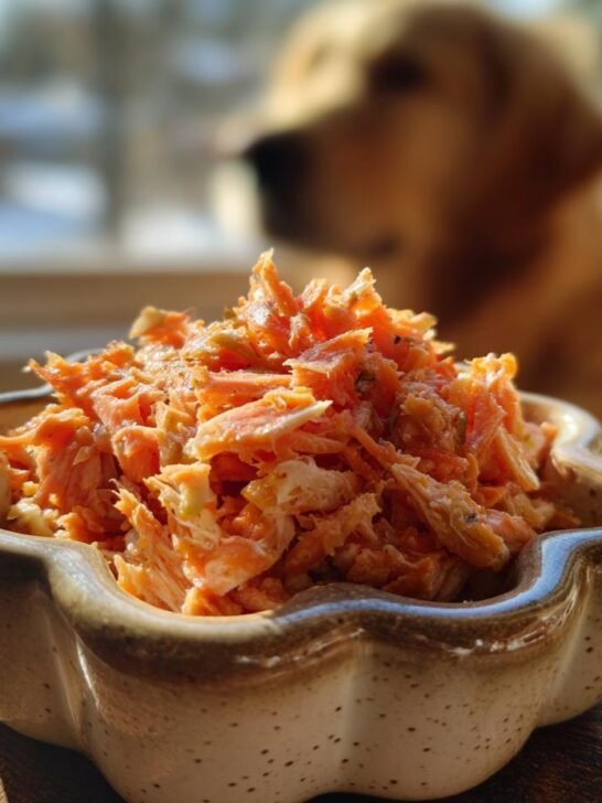 A close-up of a small bowl filled with a shredded Chicken and Beetroot Skin Health Mix.