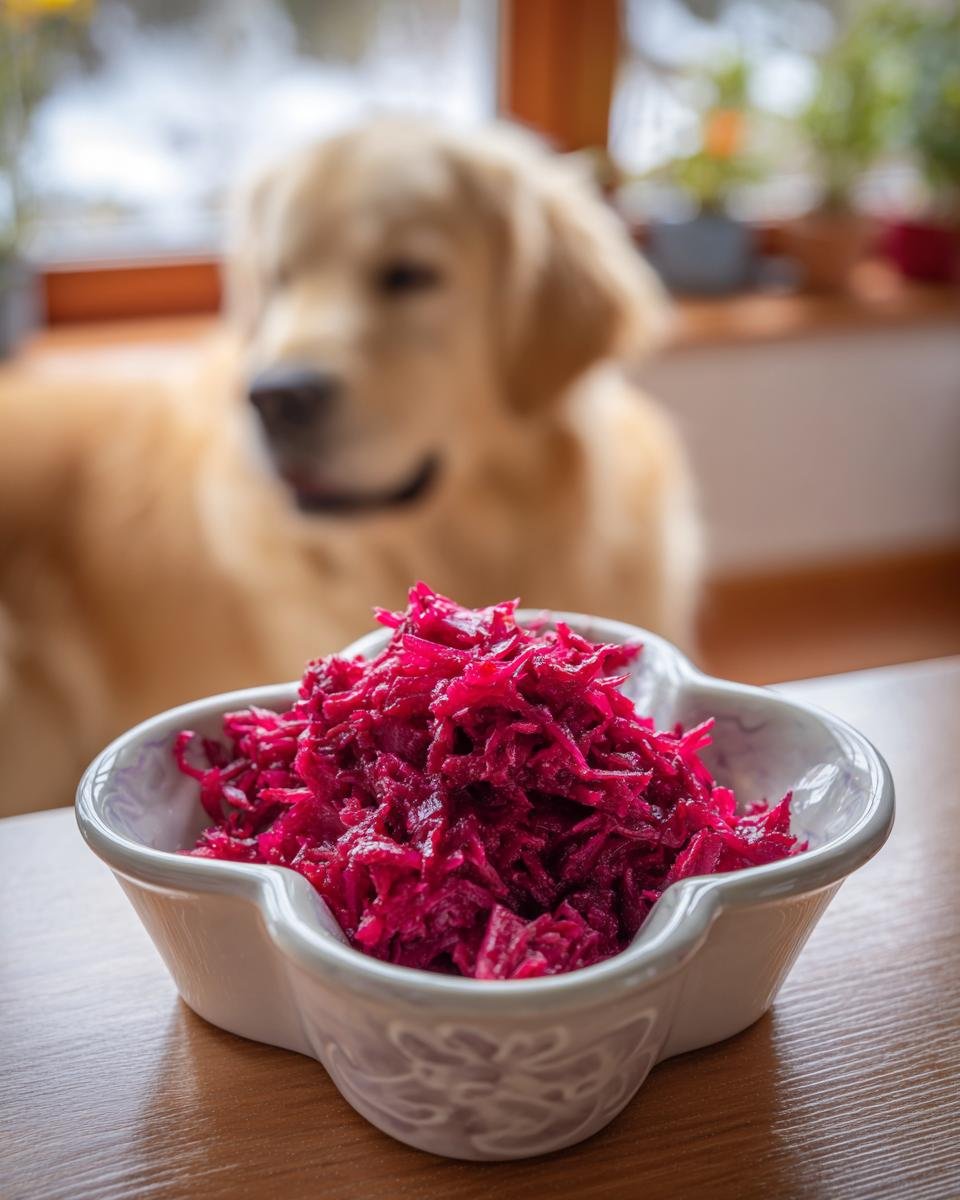 A bowl of shredded beetroot, part of a Chicken and Beetroot Skin Health Mix, with a golden retriever in the background.