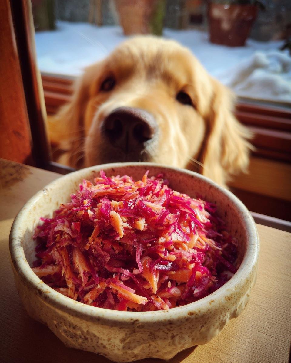 A bowl of shredded chicken and beetroot mix, with a golden retriever looking on.