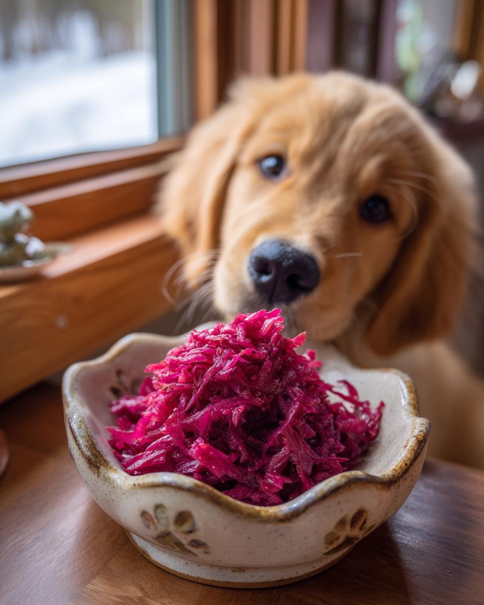 Golden retriever puppy looking curiously at a bowl of shredded beetroot, part of the Chicken and Beetroot Skin Health Mix.