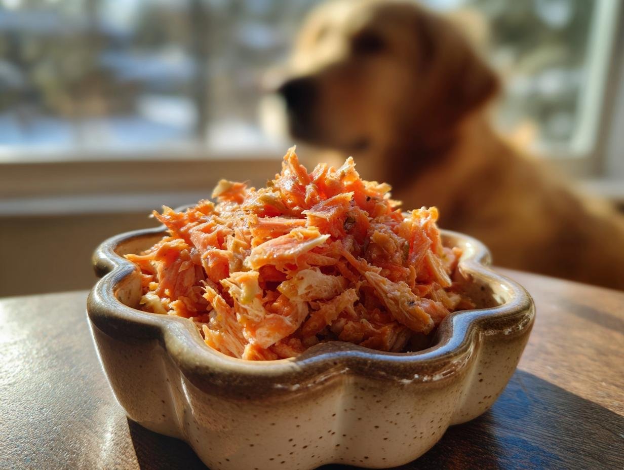 A close-up of a small bowl filled with a shredded Chicken and Beetroot Skin Health Mix.