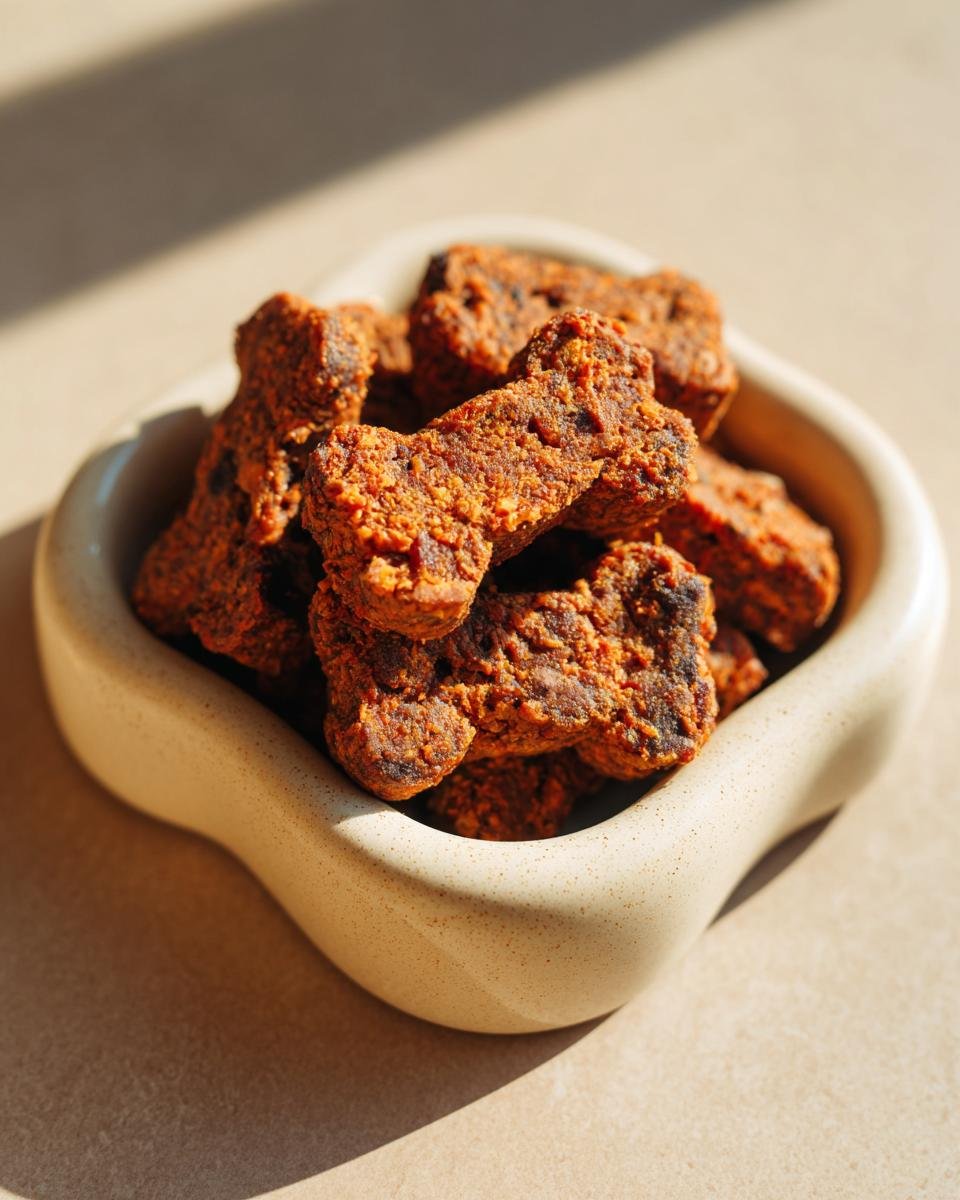 A close-up of bone-shaped Chicken Blueberry Energy Jerky in a light-colored bowl.