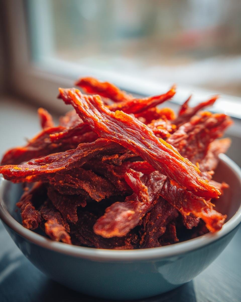 A close-up shot of a light blue bowl filled with homemade Chicken Blueberry Energy Jerky.