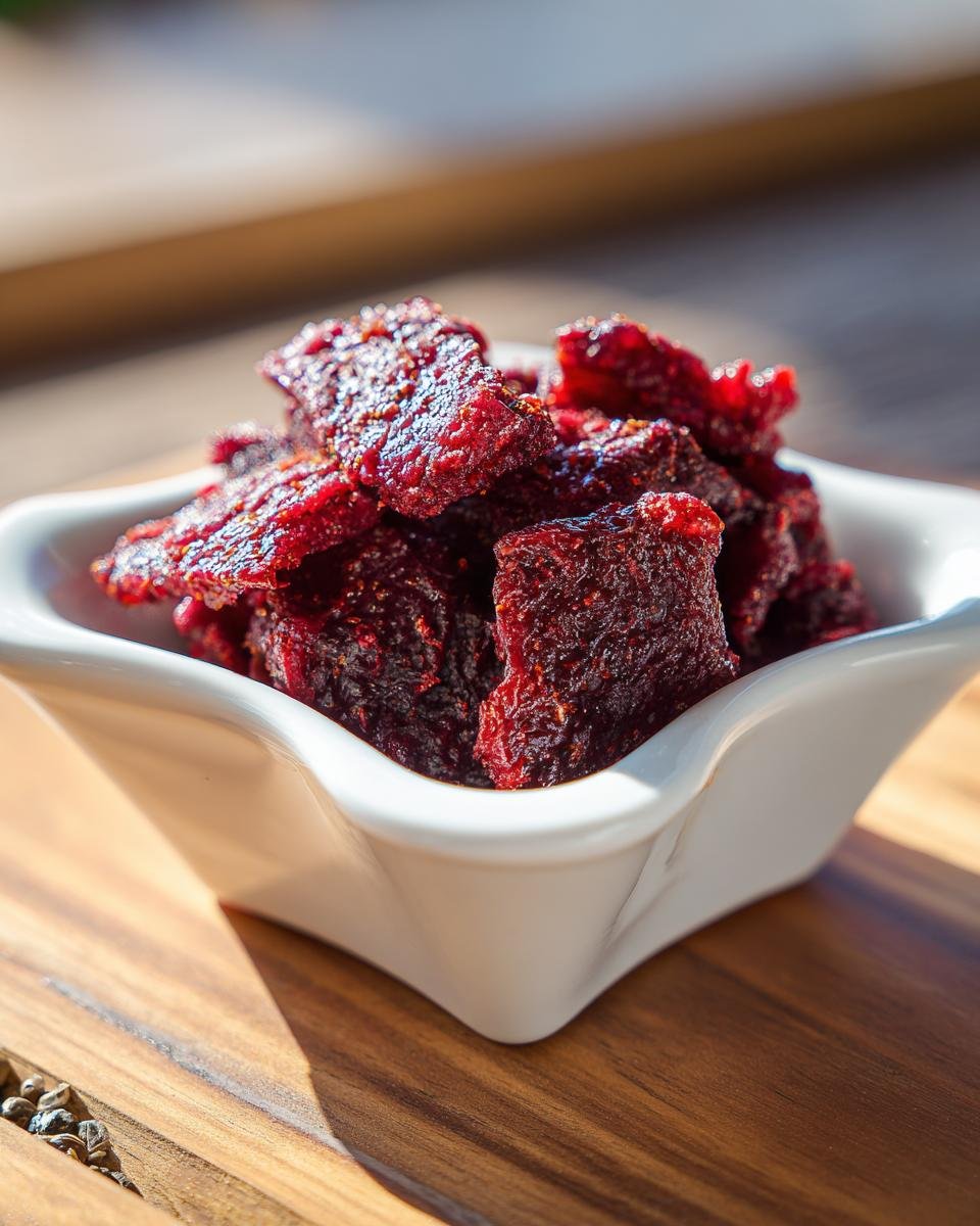 Close-up of Chicken Blueberry Energy Jerky pieces piled in a white bowl, with a wooden background.