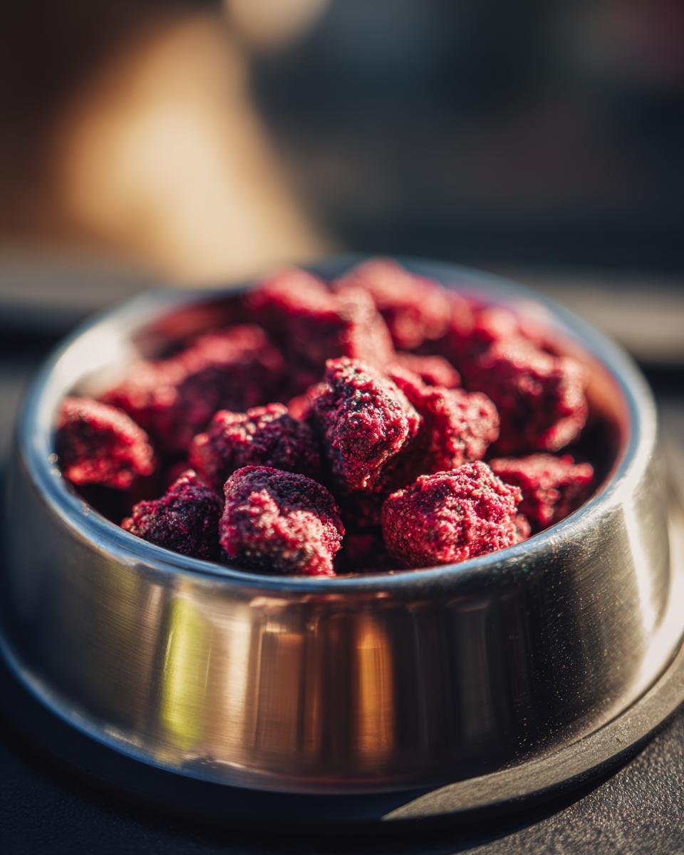 Close-up of a metal bowl filled with homemade Chicken Blueberry Energy Jerky.