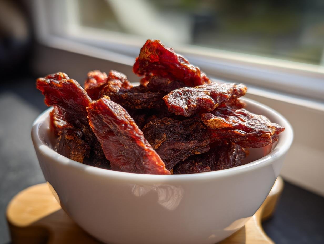 A white bowl filled with homemade Chicken Blueberry Energy Jerky, bathed in sunlight.