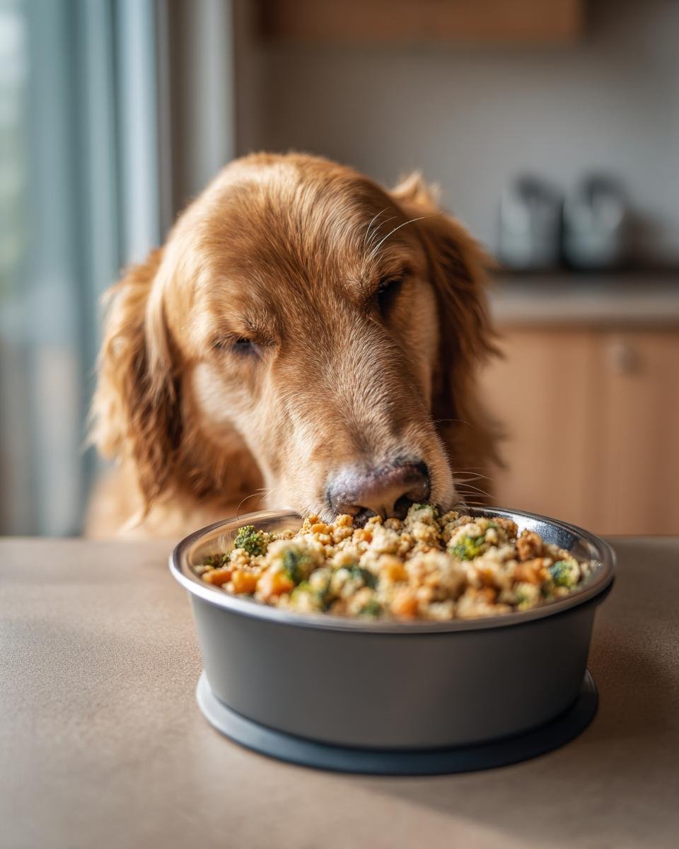 A golden retriever dog eagerly eats a bowl of chicken and broccoli meal, a perfect muscle support dish.
