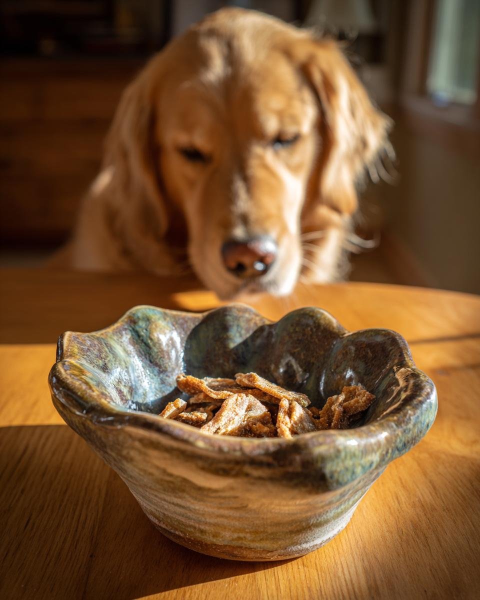 A golden retriever looking intently at a bowl of Chicken Broccoli Mini Jerky.