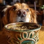 A golden retriever dog eagerly looks down at a bowl filled with homemade Chicken Broccoli Mini Jerky.