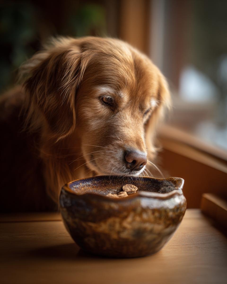 A golden retriever dog intently sniffing a small bowl filled with Chicken Broccoli Mini Jerky.