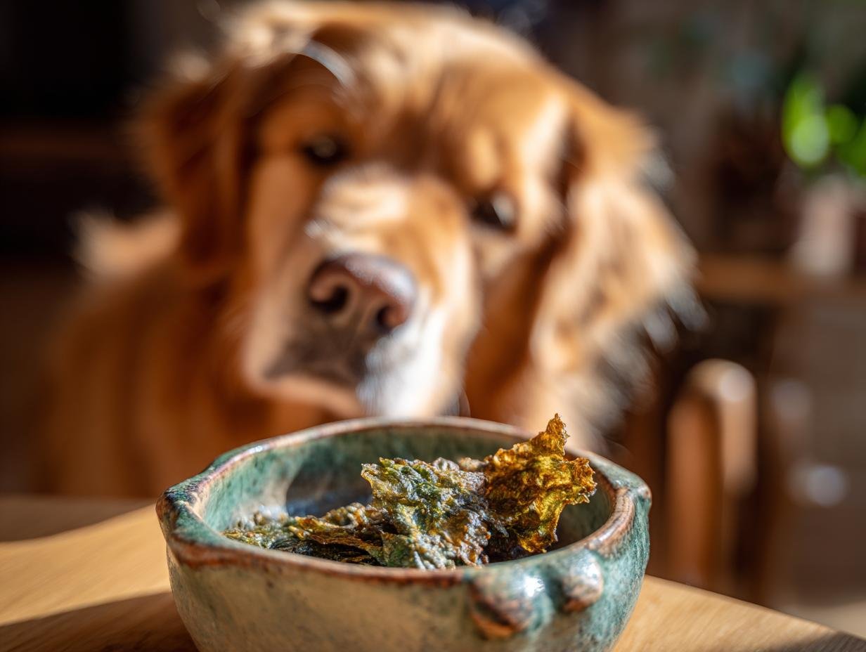 A golden retriever dog looking intently at a bowl of Chicken Broccoli Mini Jerky treats.